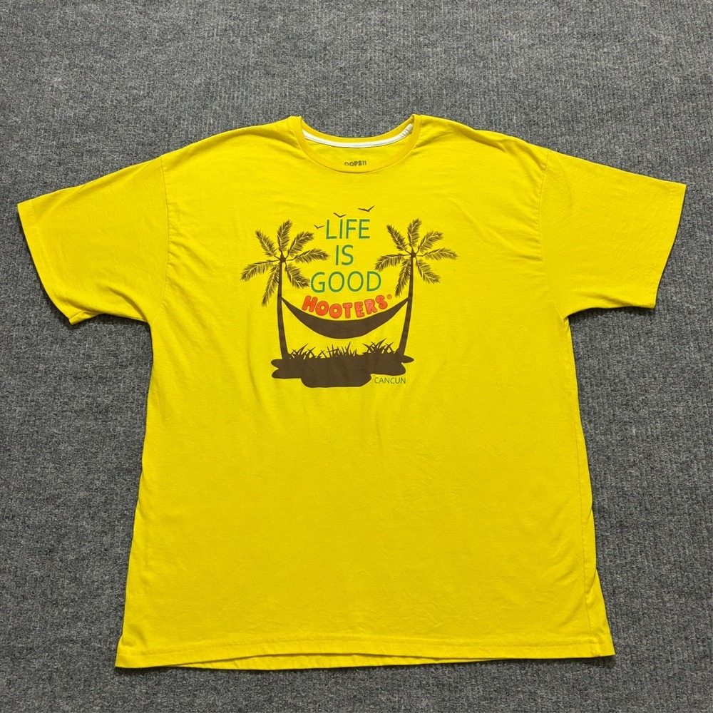 OOPS Life is Good Hooters Cancun Mens T-Shirt 2XL Yellow Graphic Short Sleeve